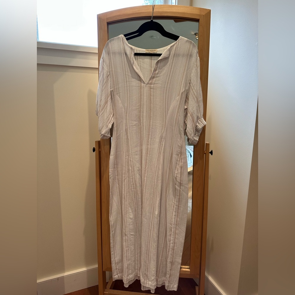 John and Mickie LA designers white  Midi Dress with tan stripes and pockets